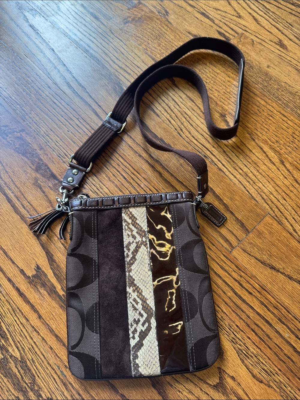 Coach Dark Brown Patchwork Crossbody with Suede, Snakeprint & Patent Stripes